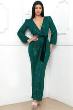 Load image into Gallery viewer, Vegas Royalty Sequin with Velvet Belt Jumpsuit