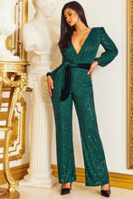 Load image into Gallery viewer, Vegas Royalty Sequin with Velvet Belt Jumpsuit